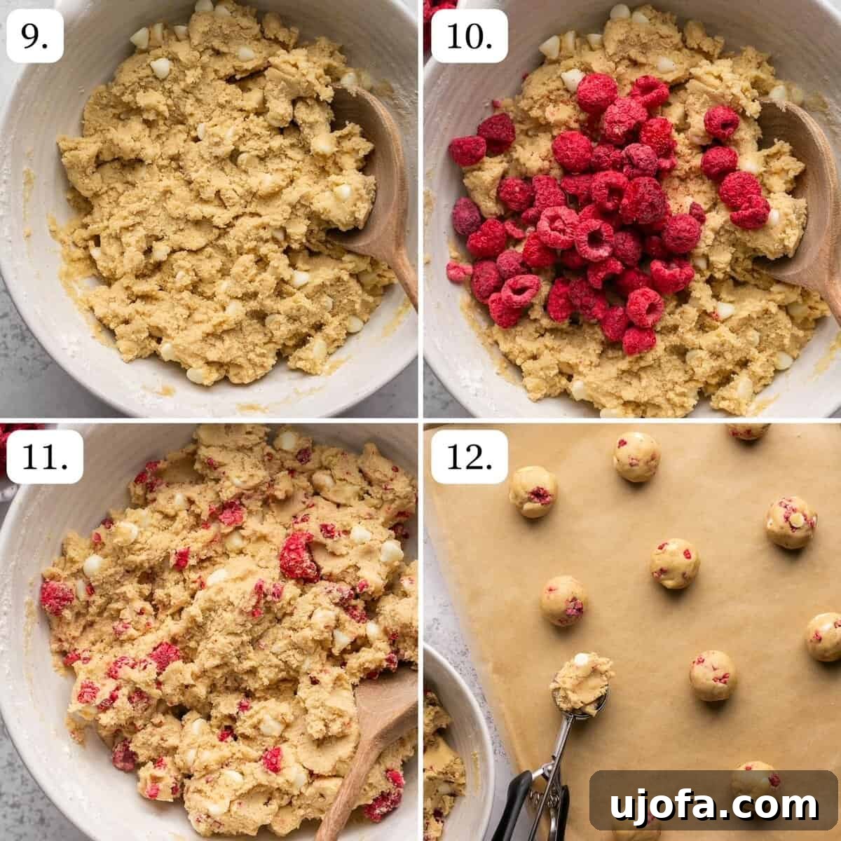 A sequential visual guide illustrating steps 9 through 12 for baking delicious white chocolate raspberry cookies, from mixing to chilling and baking.