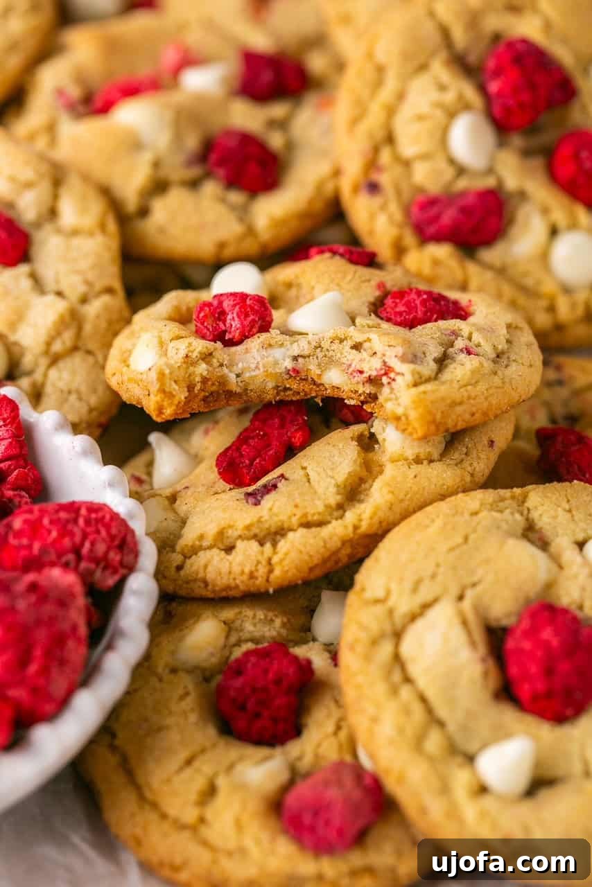 A delightful pile of white chocolate raspberry cookies, with one cookie expertly broken to reveal its soft, chewy interior and abundant mix-ins.