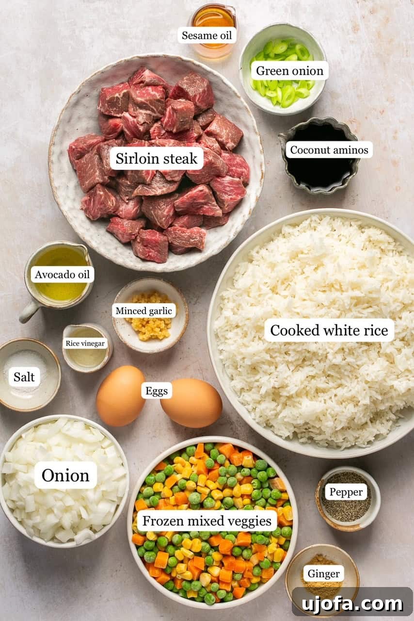 ingredients for steak fried rice in nesting bowls
