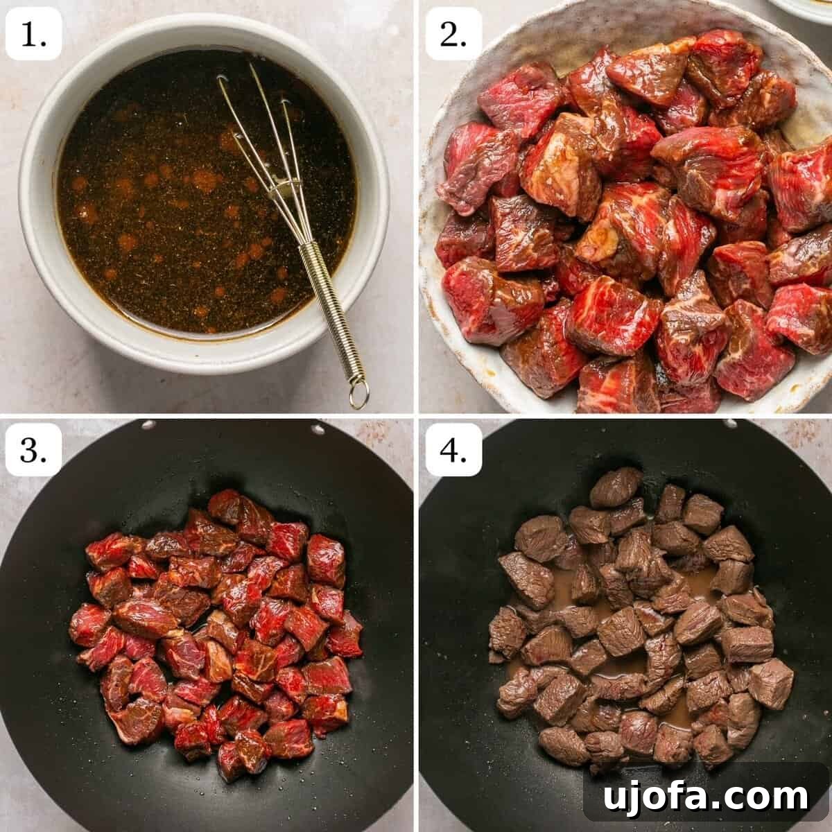 the first four steps for making steak fried rice in 4 quadrants
