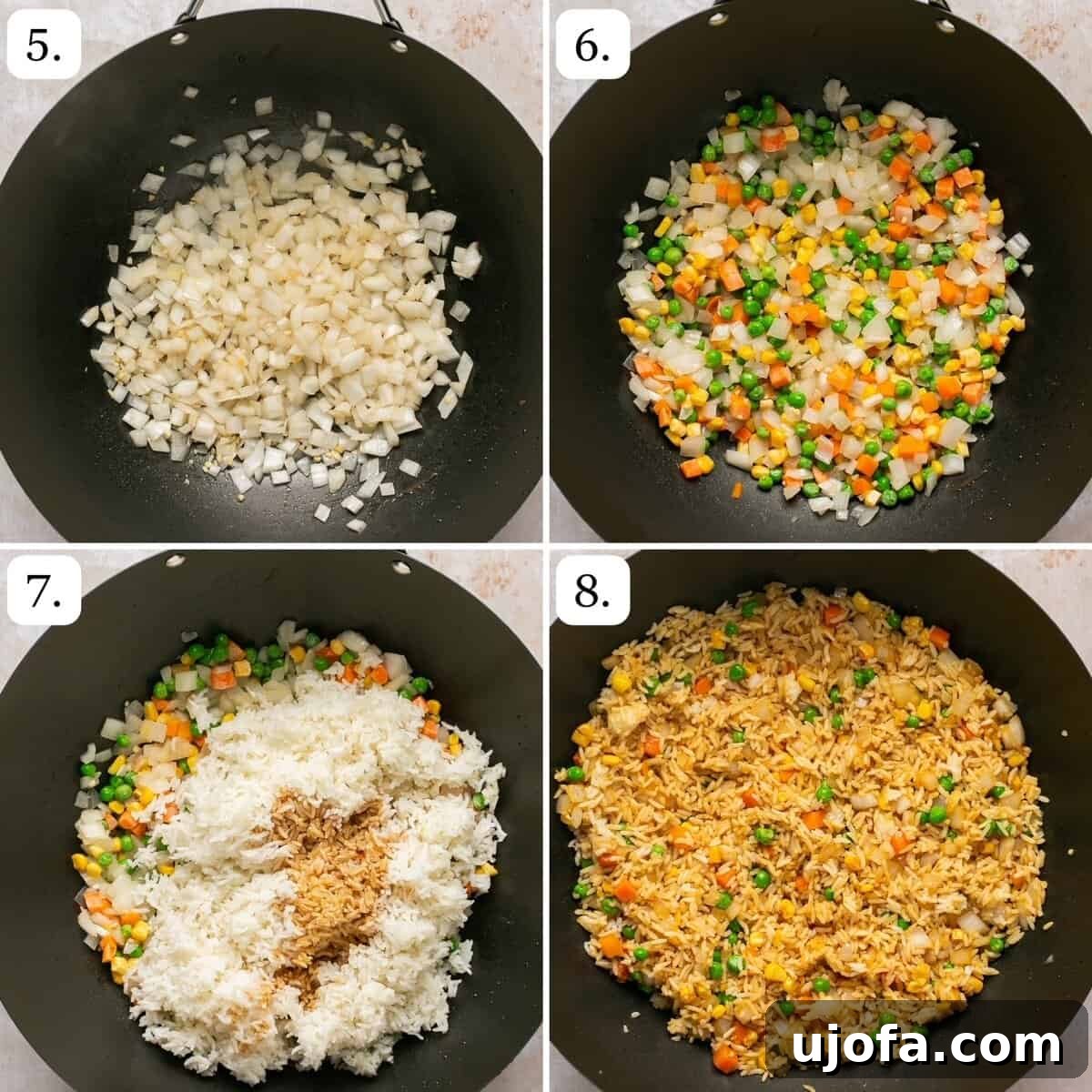 Steps 5-8 for making fried rice in a wok
