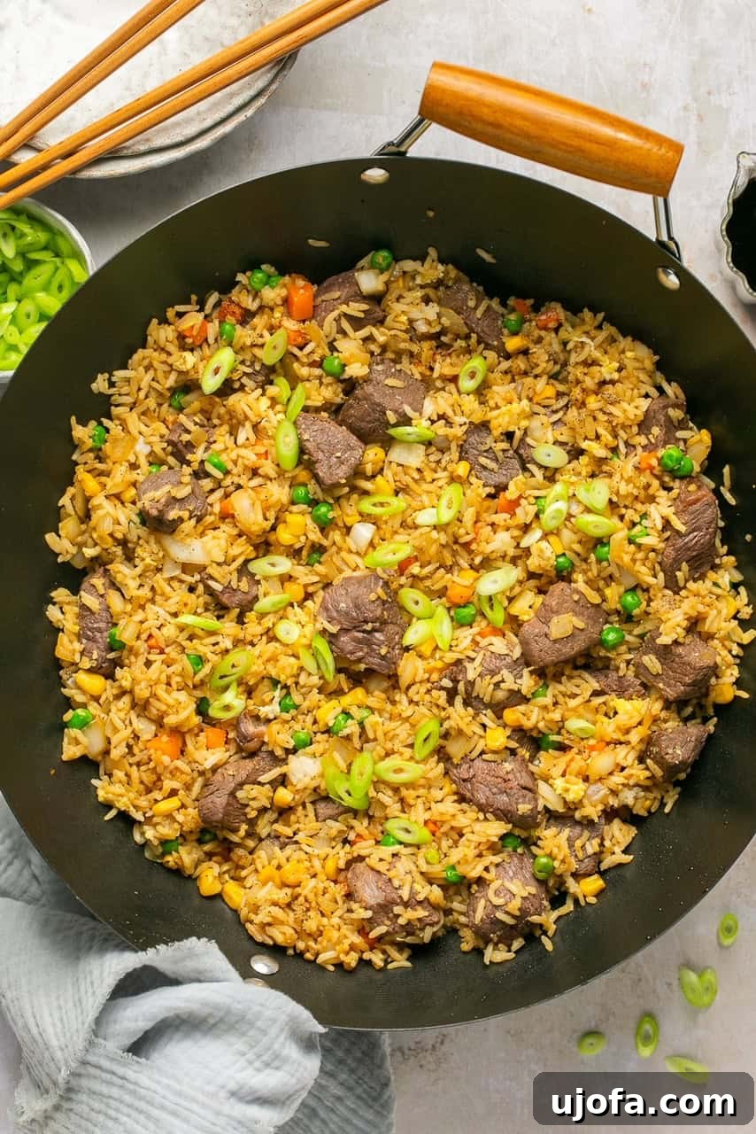 a wok with fried rice with a towel wrapped around the handle