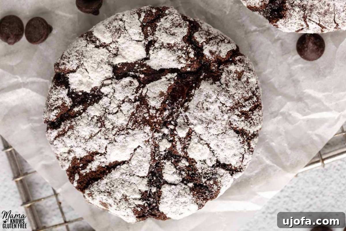 Fudgy Chocolate Crinkle Cookies Gluten Free 2 A perfectly baked gluten-free chocolate crinkle cookie dusted with powdered sugar, sitting on a pristine white background.
