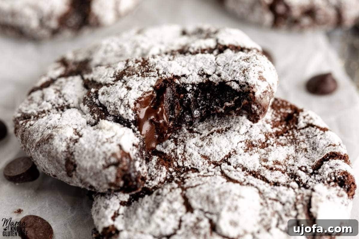 Fudgy Chocolate Crinkle Cookies Gluten Free 5 A stack of delicious gluten-free chocolate crinkle cookies nestled on white parchment paper, ready to be enjoyed.