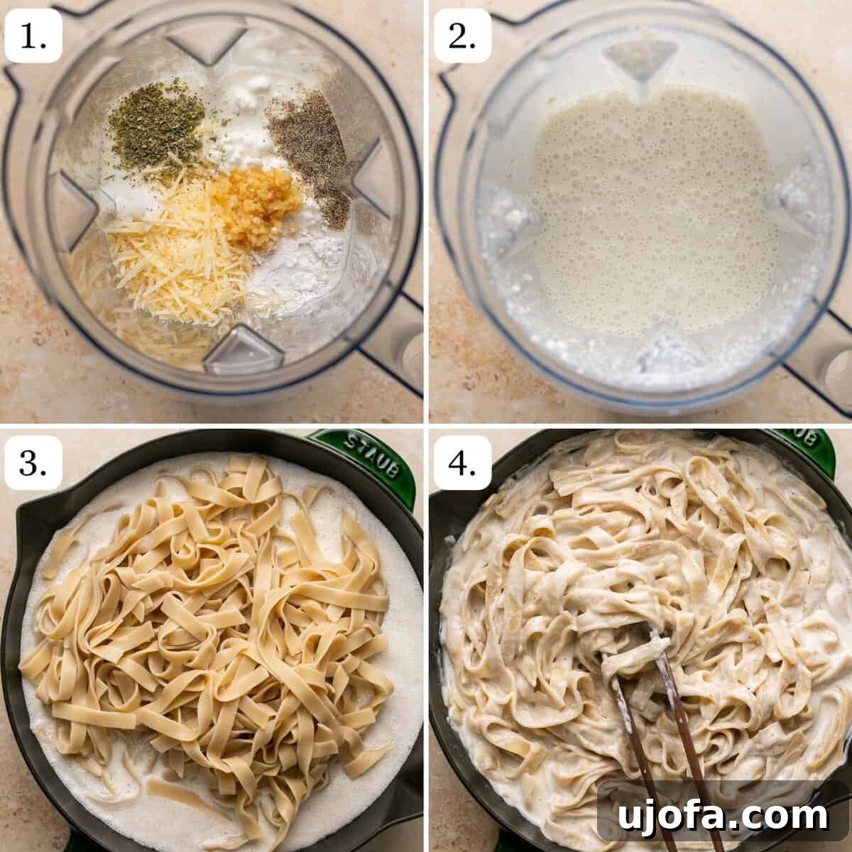 A four-panel image illustrating the simple step-by-step process of making Cottage Cheese Alfredo, from blending ingredients to tossing with pasta.
