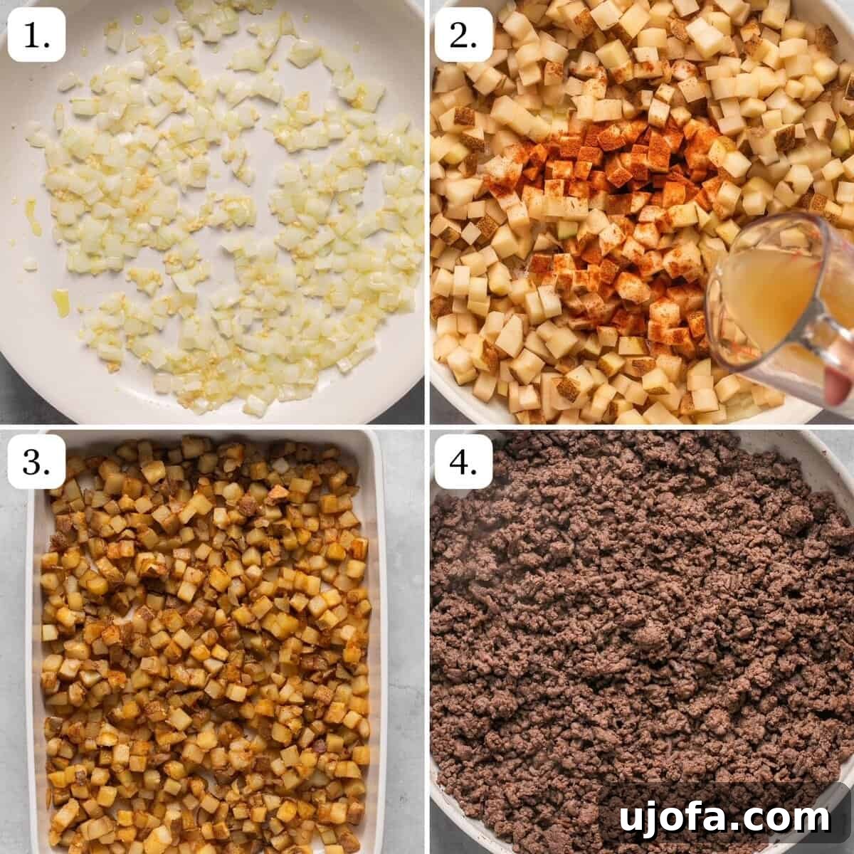 A collage of four images illustrating the initial steps of making Big Mac Casserole: sautéing onions and garlic, cooking potatoes, adding potatoes to a dish, and browning ground beef.