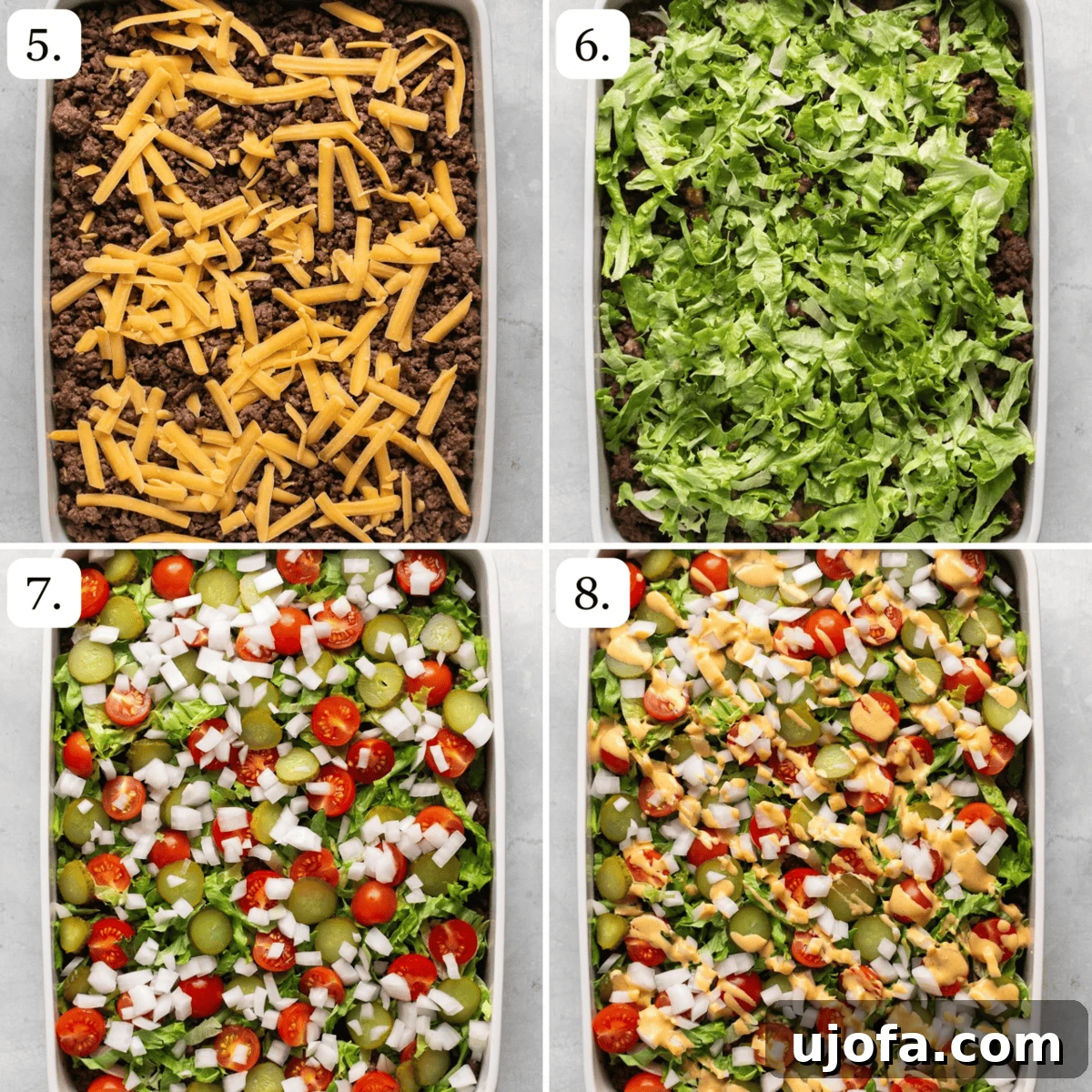 A collage of four images showing the final steps of Big Mac Casserole: adding cheese, baking, and topping with fresh ingredients and Big Mac sauce.