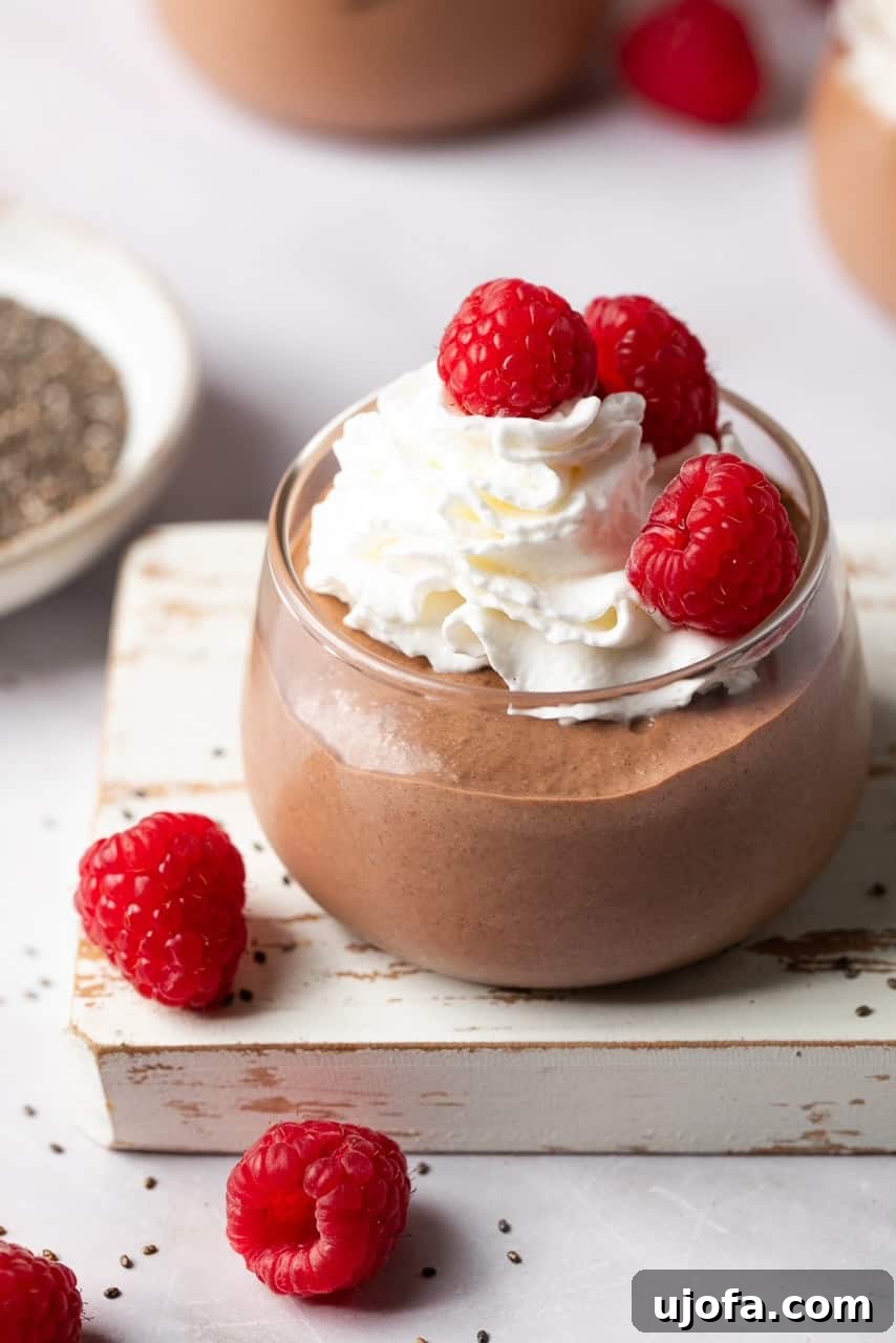 Chocolate protein chia seed pudding in a glass jar topped with whipped cream and fresh berries, ready to be enjoyed.