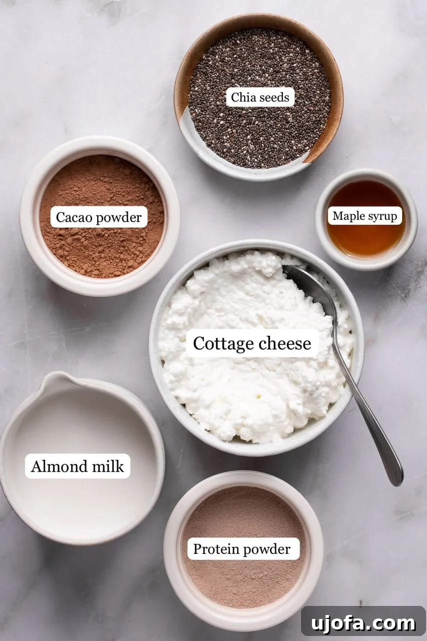 Ingredients for protein chia seed pudding arranged on a counter in small bowls, including chia seeds, protein powder, cacao, cottage cheese, almond milk, and maple syrup.