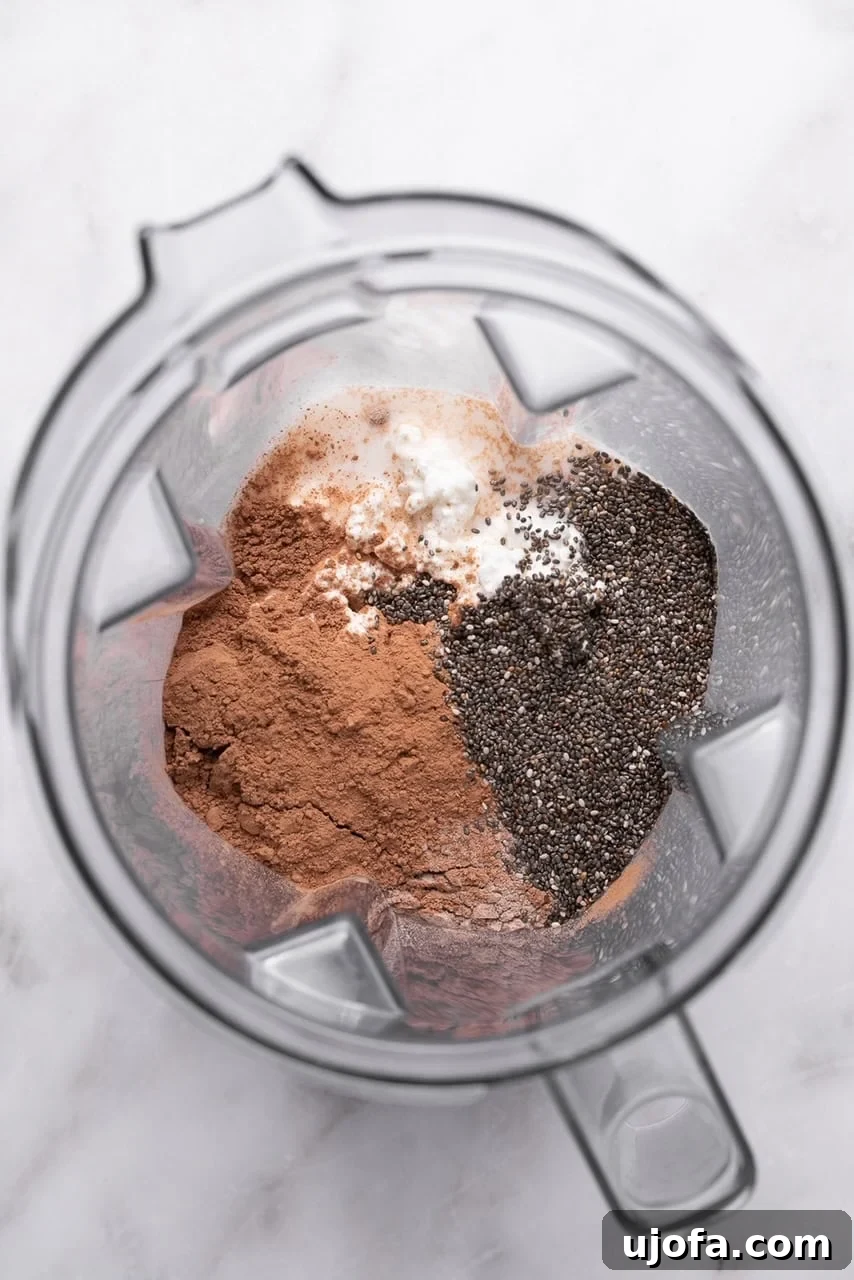 Protein chia pudding ingredients added to a high-speed blender before mixing.