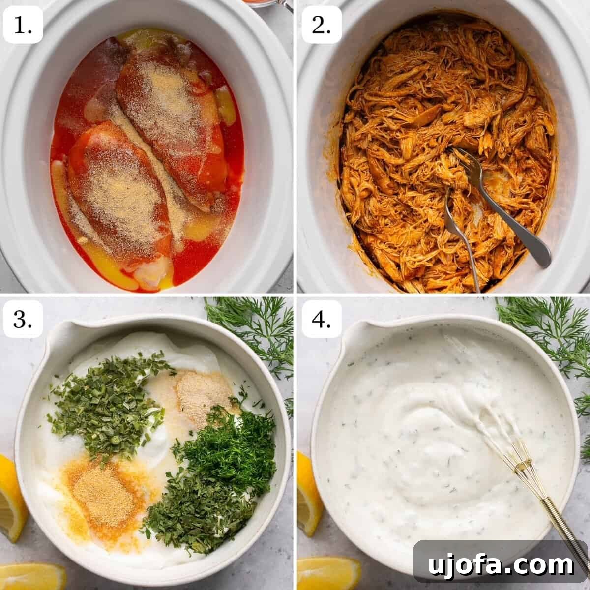 four steps for making slow cooker buffalo chicken and homemade ranch dressing