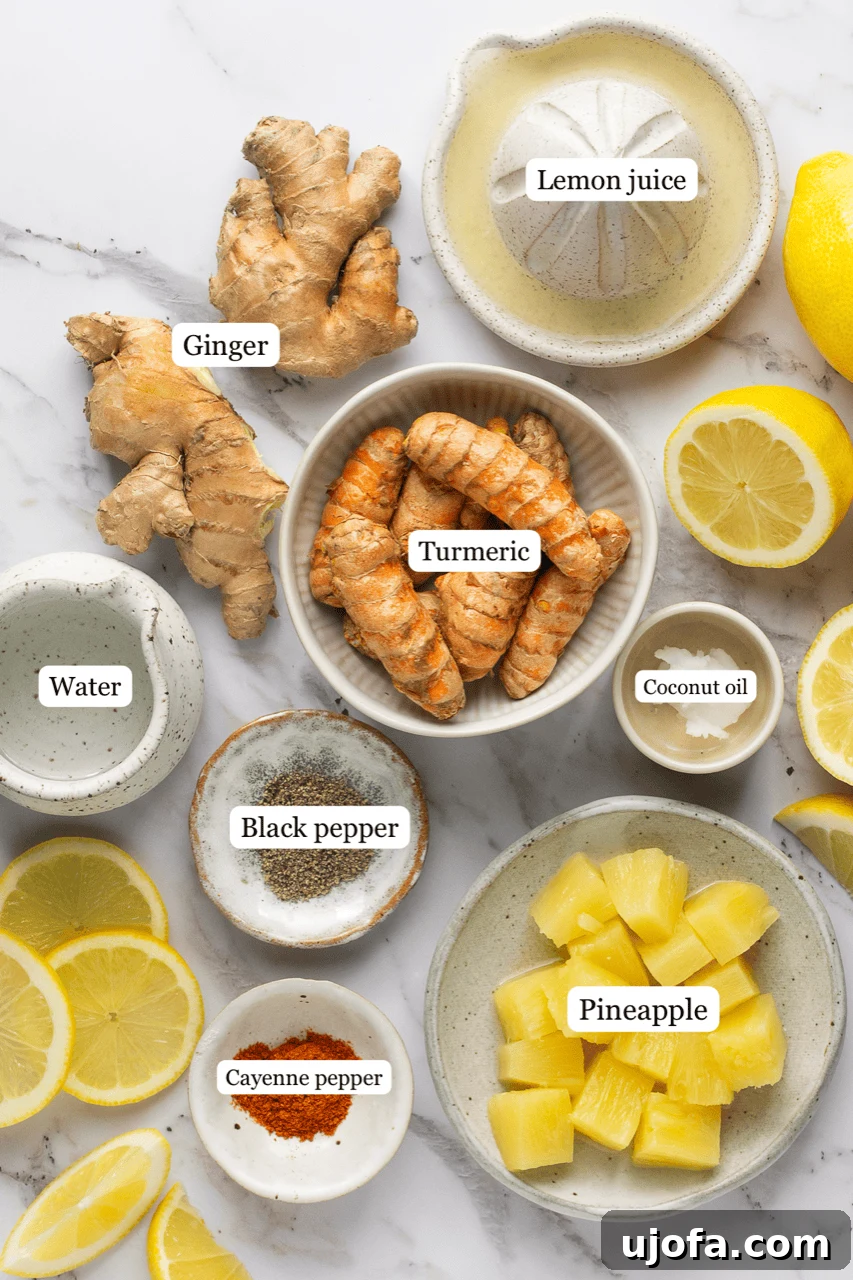 Power-Packed Lemon Ginger Turmeric Shots for Immunity 3 Fresh ingredients for lemon ginger turmeric shots including lemon, ginger, turmeric root, pineapple, cayenne, and black pepper
