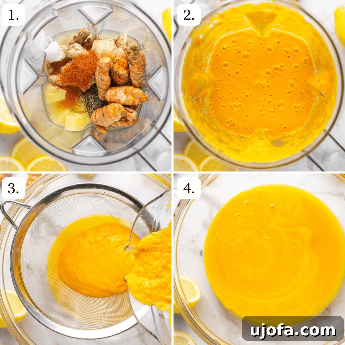 Power-Packed Lemon Ginger Turmeric Shots for Immunity 4 Four-step process showing how to make lemon ginger turmeric shots in a blender and straining the juice.