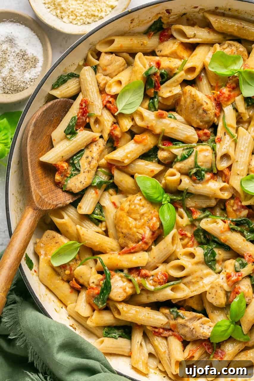 One Pan Proposal Chicken Pasta 2 Marry Me Chicken Pasta in a skillet with sun-dried tomatoes and creamy sauce, stirred with a wooden spoon, garnished with fresh basil.