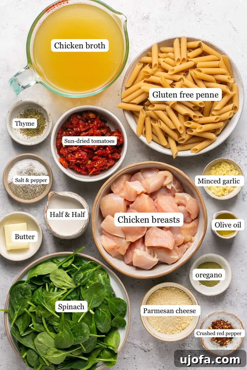One Pan Proposal Chicken Pasta 3 Flat lay of ingredients for Marry Me Chicken Pasta including gluten-free penne, chicken broth, chicken breast, spinach, spices, butter, half and half, olive oil, parmesan cheese, and sun-dried tomatoes on a wooden board.