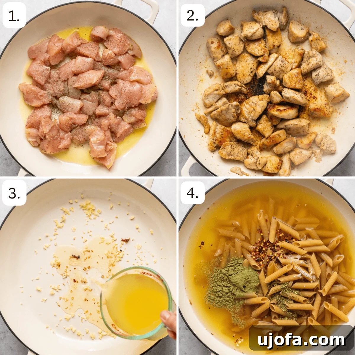 One Pan Proposal Chicken Pasta 4 Step-by-step process photos of the first 4 steps showing how to start cooking Marry Me Chicken Pasta in one pan: browning chicken, adding garlic, deglazing, and adding pasta and broth.