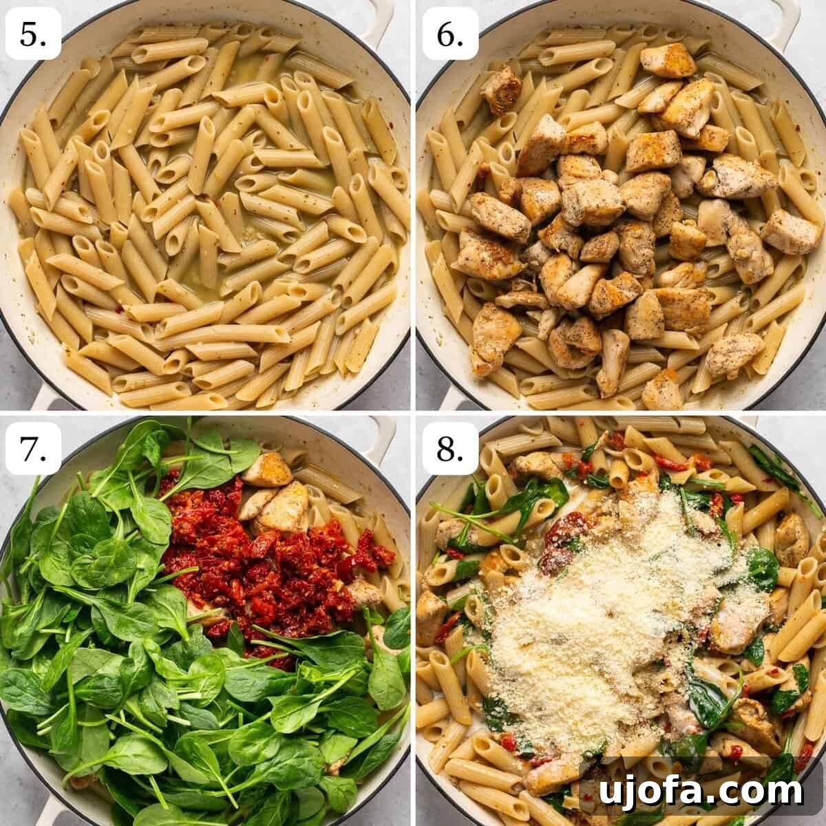 One Pan Proposal Chicken Pasta 5 Finishing 4 steps for Marry Me Chicken Pasta including wilting spinach and stirring in parmesan and cream, ready to serve.