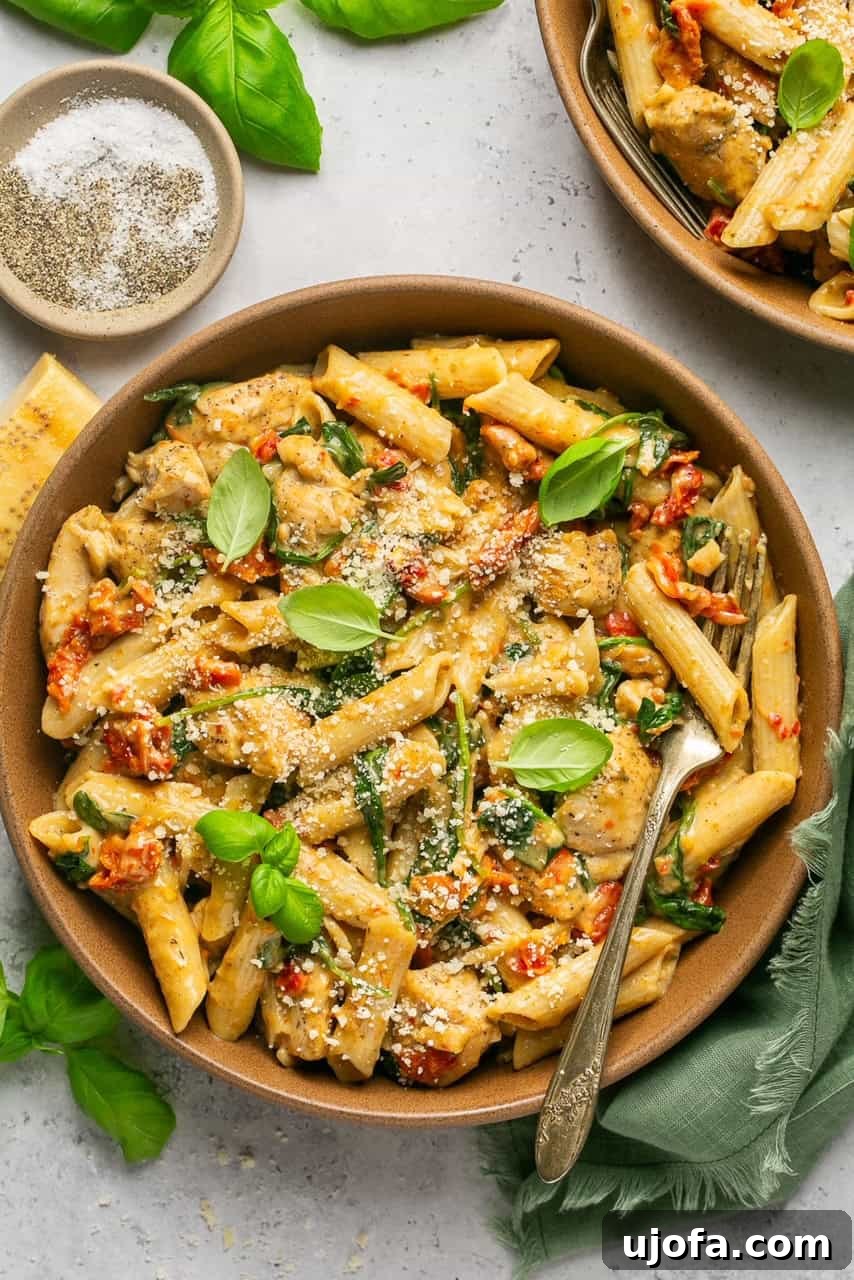 One Pan Proposal Chicken Pasta 7 Bowl of Marry Me Chicken Pasta with creamy sauce, served on a green napkin for styling.