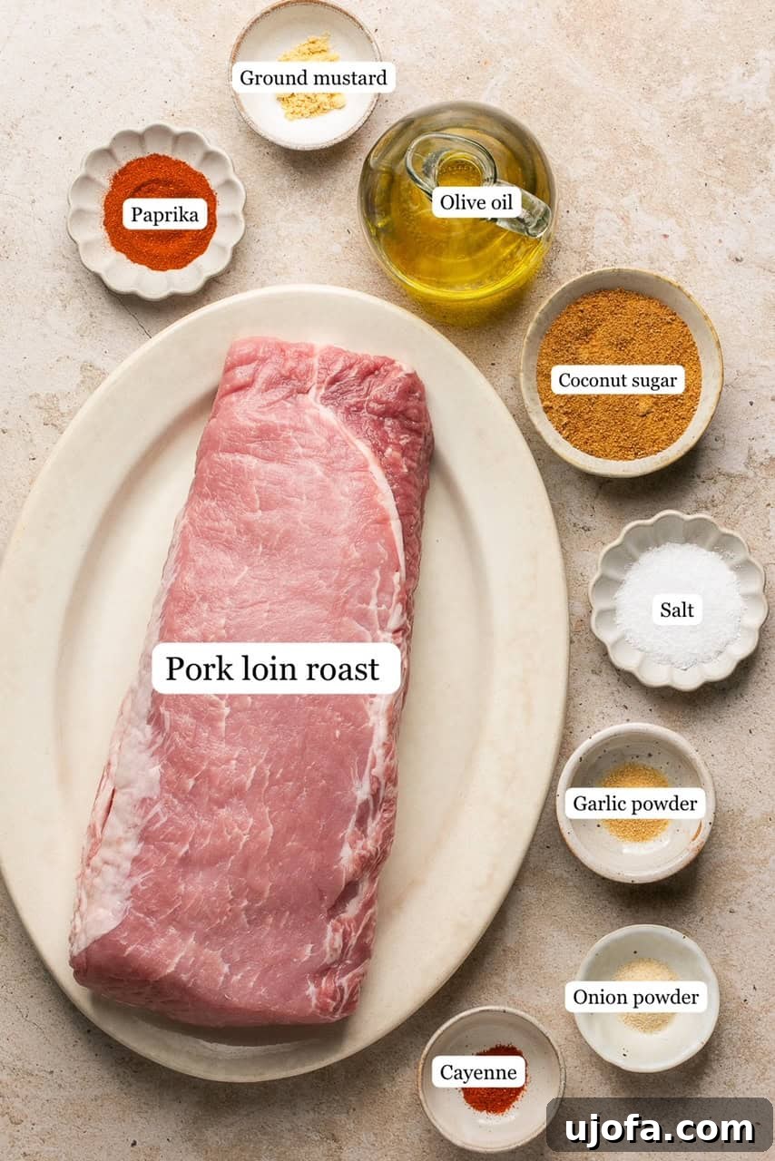 Golden Crust Air Fryer Pork Roast 3 ingredients for air fryer pork roast in nesting bowls and on a platter