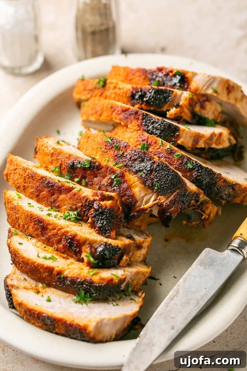 Golden Crust Air Fryer Pork Roast 6 pork loin sliced on a white platter with a knife
