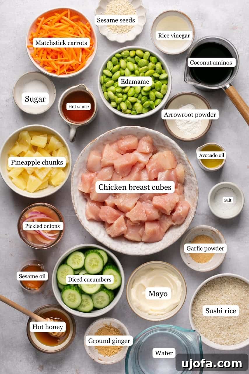 Sweet & Spicy Teriyaki Chicken Poke Bowls 3 ingredients for chicken poke bowls in nesting bowls