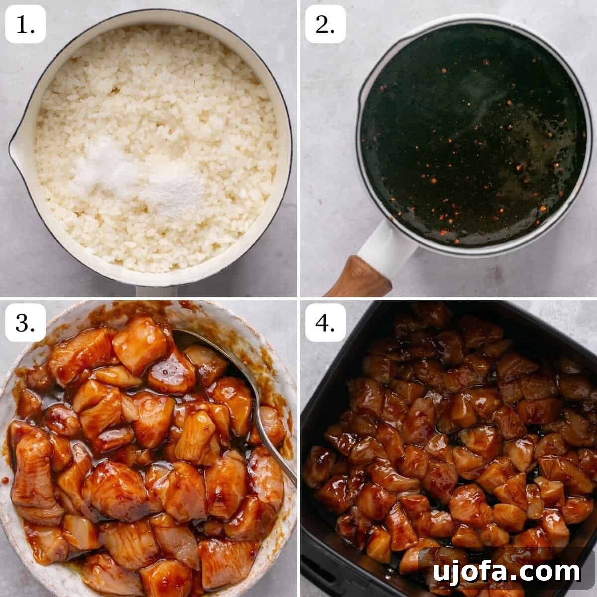 Sweet & Spicy Teriyaki Chicken Poke Bowls 4 the first four steps for making chicken poke bowls