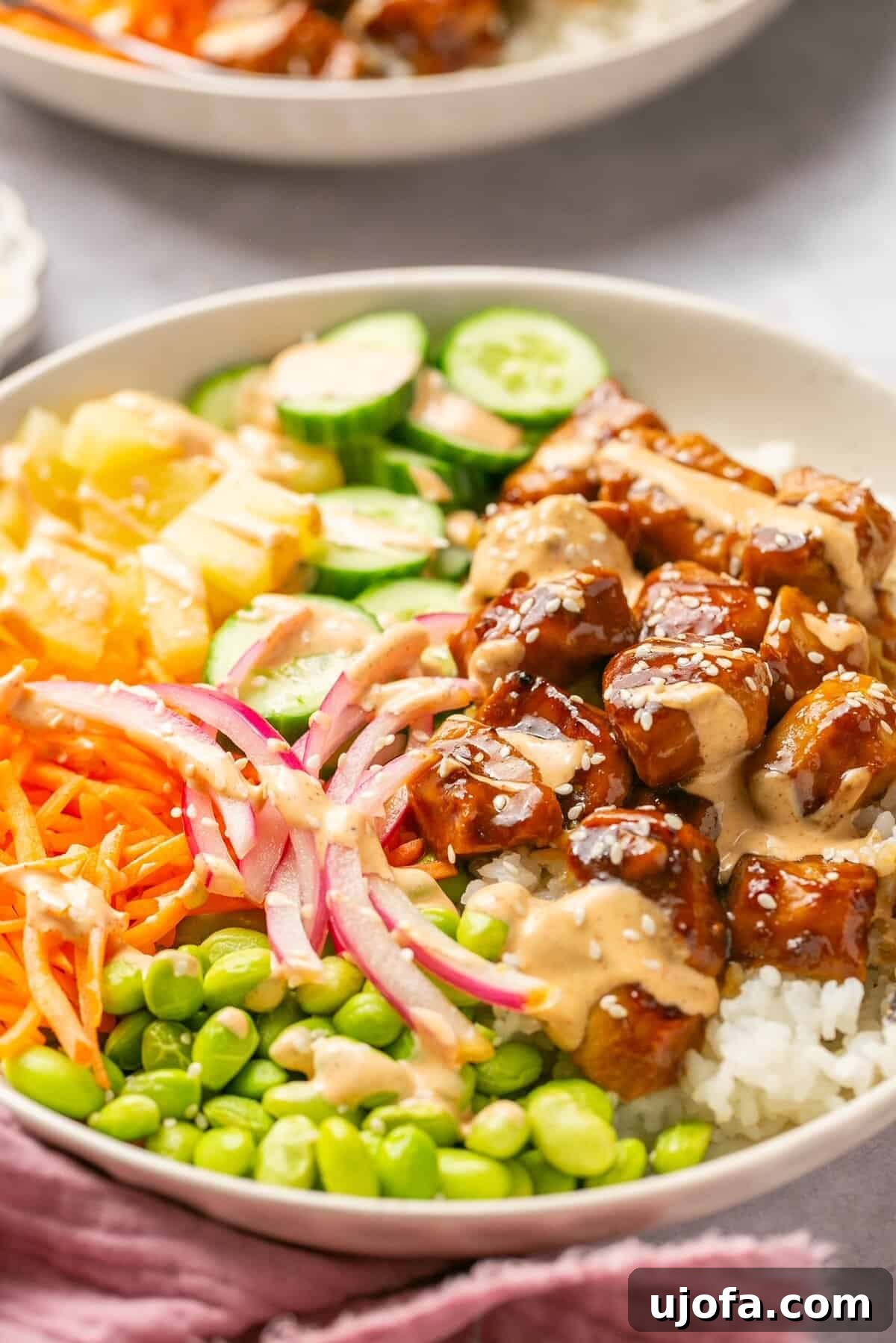 Sweet & Spicy Teriyaki Chicken Poke Bowls 6 side view of chicken poke bowls