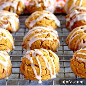 Moist gluten-free pumpkin cookies resting on a cooling rack, showcasing their fluffy texture and inviting autumn hue.