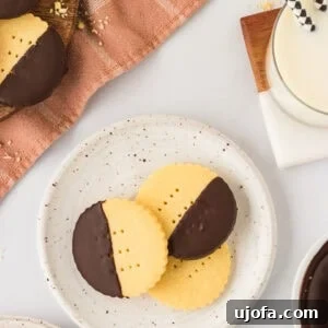 Two exquisitely chocolate-dipped gluten-free shortbread cookies on a speckled plate, accompanied by a refreshing glass of milk and striped paper straws—a perfect, inviting serving.