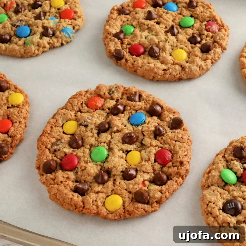 A delectable spread of colorful gluten-free monster cookies presented on clean white parchment paper, highlighting their fun toppings and inviting textures.