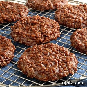 A collection of delicious gluten-free no-bake cookies resting on a cooling rack, with a blue kitchen towel subtly placed underneath.