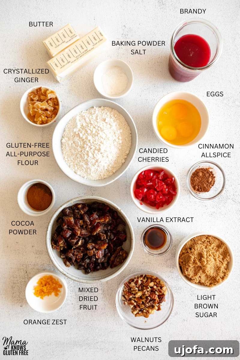 Sumptuous Gluten-Free Fruitcake 3 Ingredients for Gluten-Free Fruit Cake measured out in individual bowls, ready for baking.