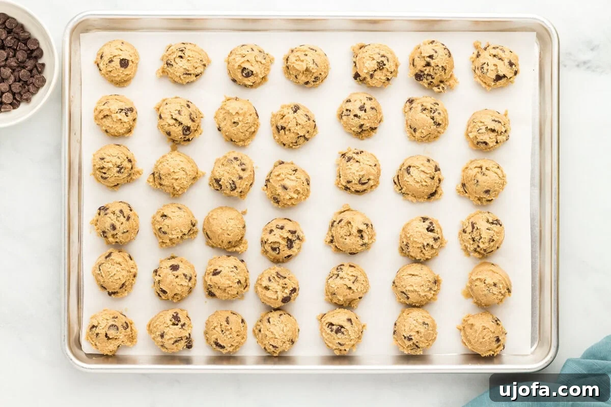 Wholesome Oat Chocolate Chip Treats 10 Scoops of oat flour chocolate chip cookie dough on a baking sheet.