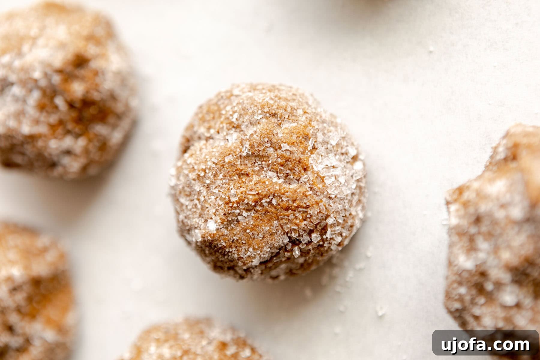 Soft & Chewy Gluten-Free Molasses Spice Cookies 9 A ball of gluten-free molasses cookie dough, freshly rolled in granulated sugar, ready for baking.