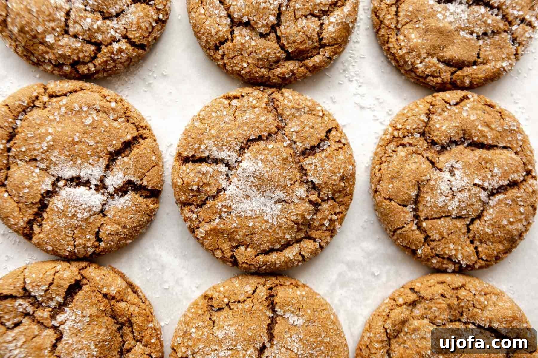 Soft & Chewy Gluten-Free Molasses Spice Cookies 10 Freshly baked gluten-free molasses cookies cooling on a baking sheet, showcasing their beautiful crinkly tops.
