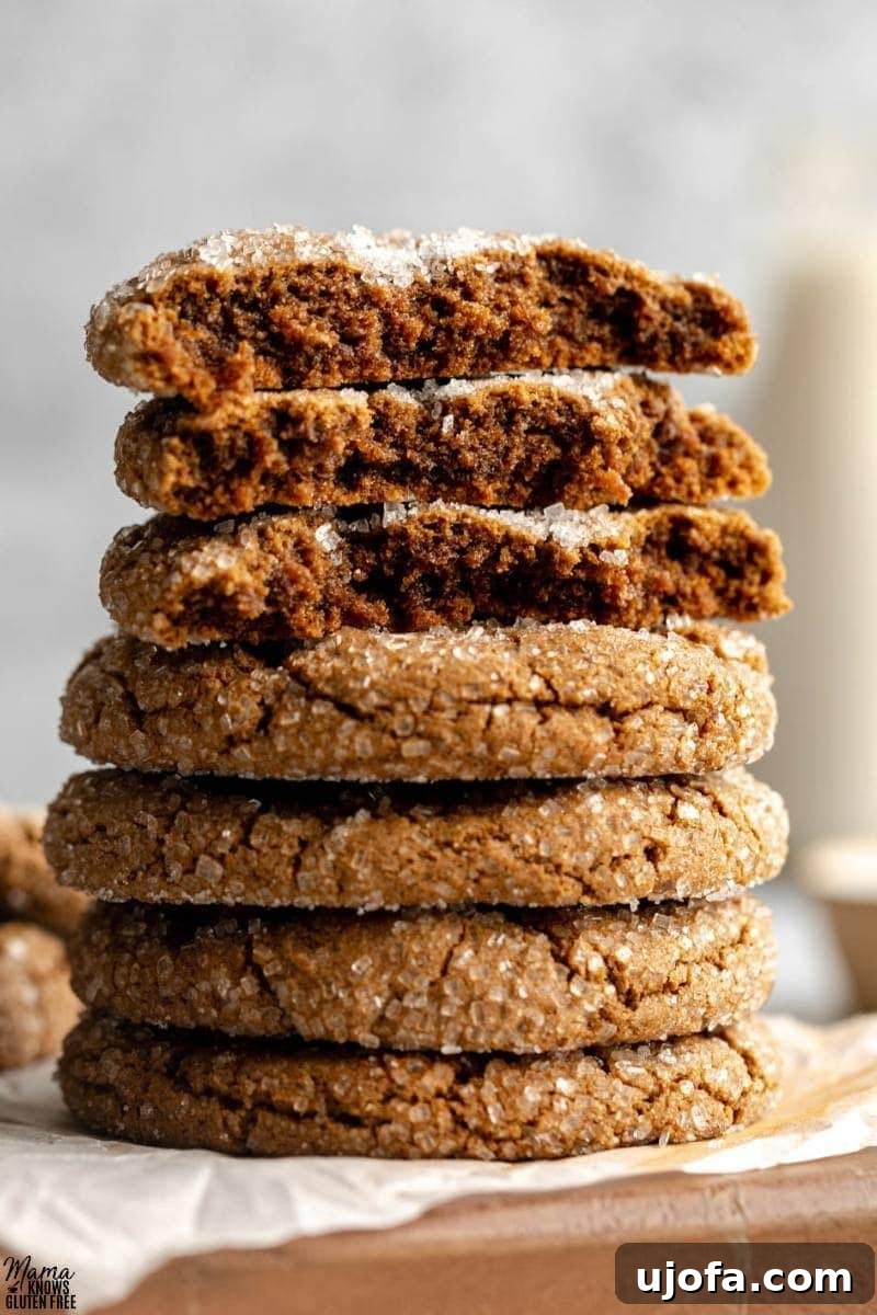 Soft & Chewy Gluten-Free Molasses Spice Cookies 4 A stack of perfectly baked gluten-free molasses cookies, showing their soft interior and crinkly tops.
