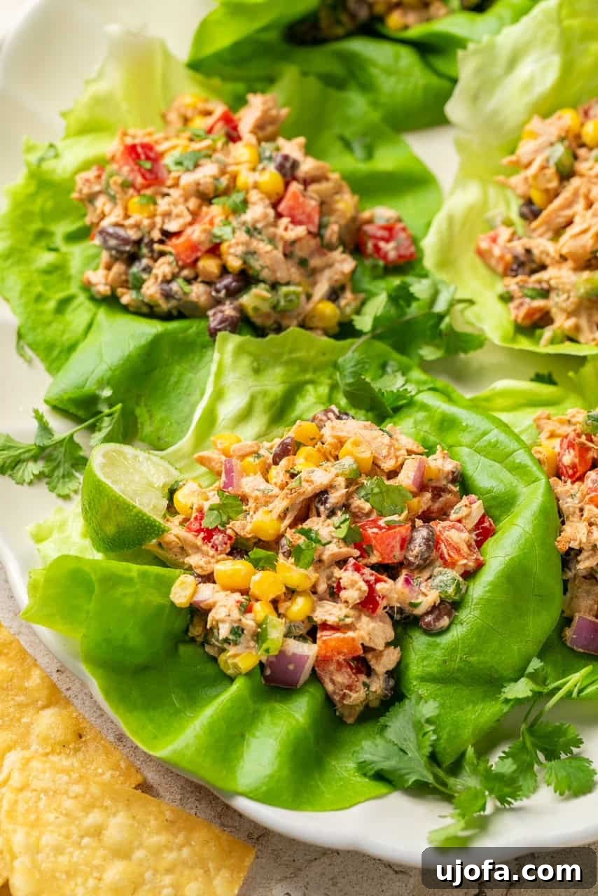 an up close photo of tuna salad on a lettuce cup with a lime wedge. 