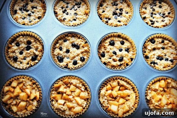 Close-up of three varieties of gluten-free baked oatmeal cups, highlighting their texture and delicious fillings.