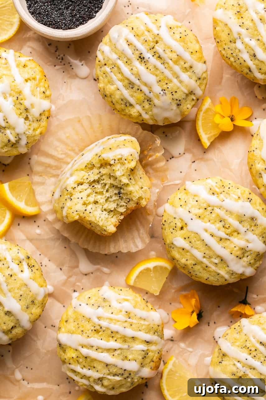 an overhead shot of lemon and poppyseed muffins drizzled with lemon glaze