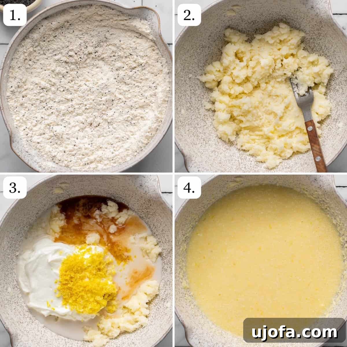 numbered step by step photos showing how to make the muffin batter