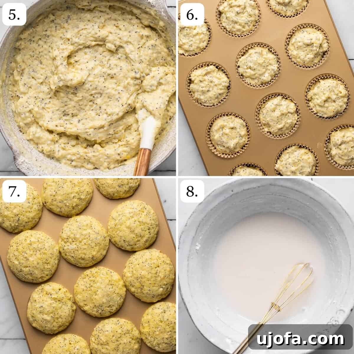 numbered step by step photos showing how to bake the muffins and make the lemon glaze