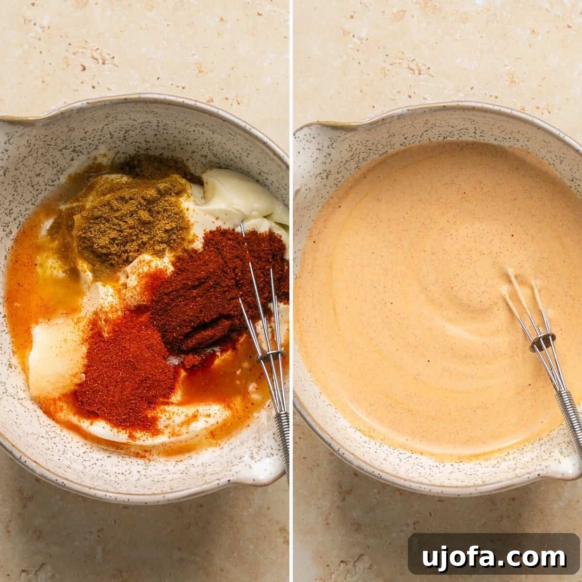 Two step-by-step photos demonstrating how to prepare the cilantro lime crema dressing in a small bowl.
