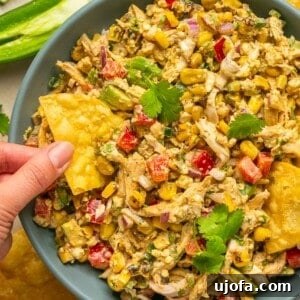 Mexican street corn chicken salad in a bowl with a hand holding a chip scooping out a bite