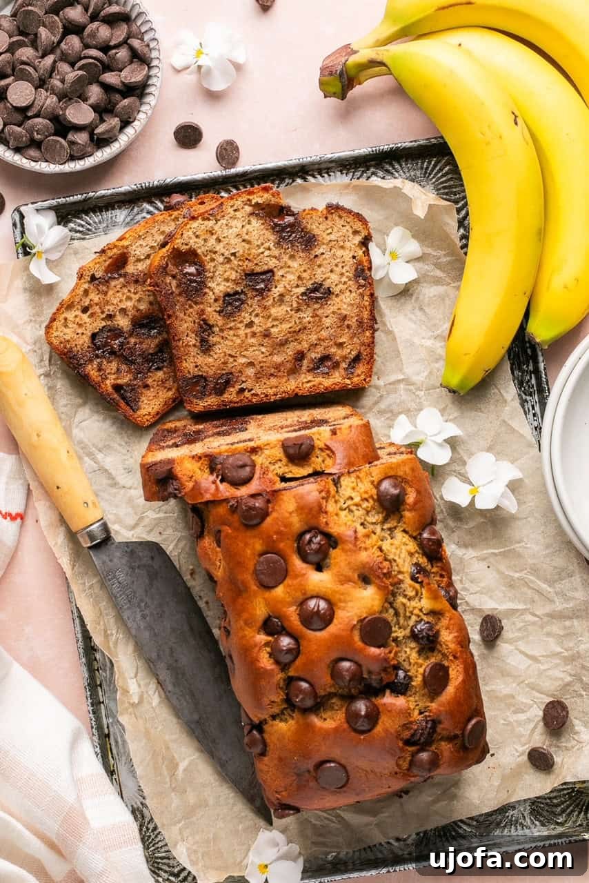 An overhead shot of a freshly baked protein banana bread loaf on a serving platter, adorned with chocolate chips.