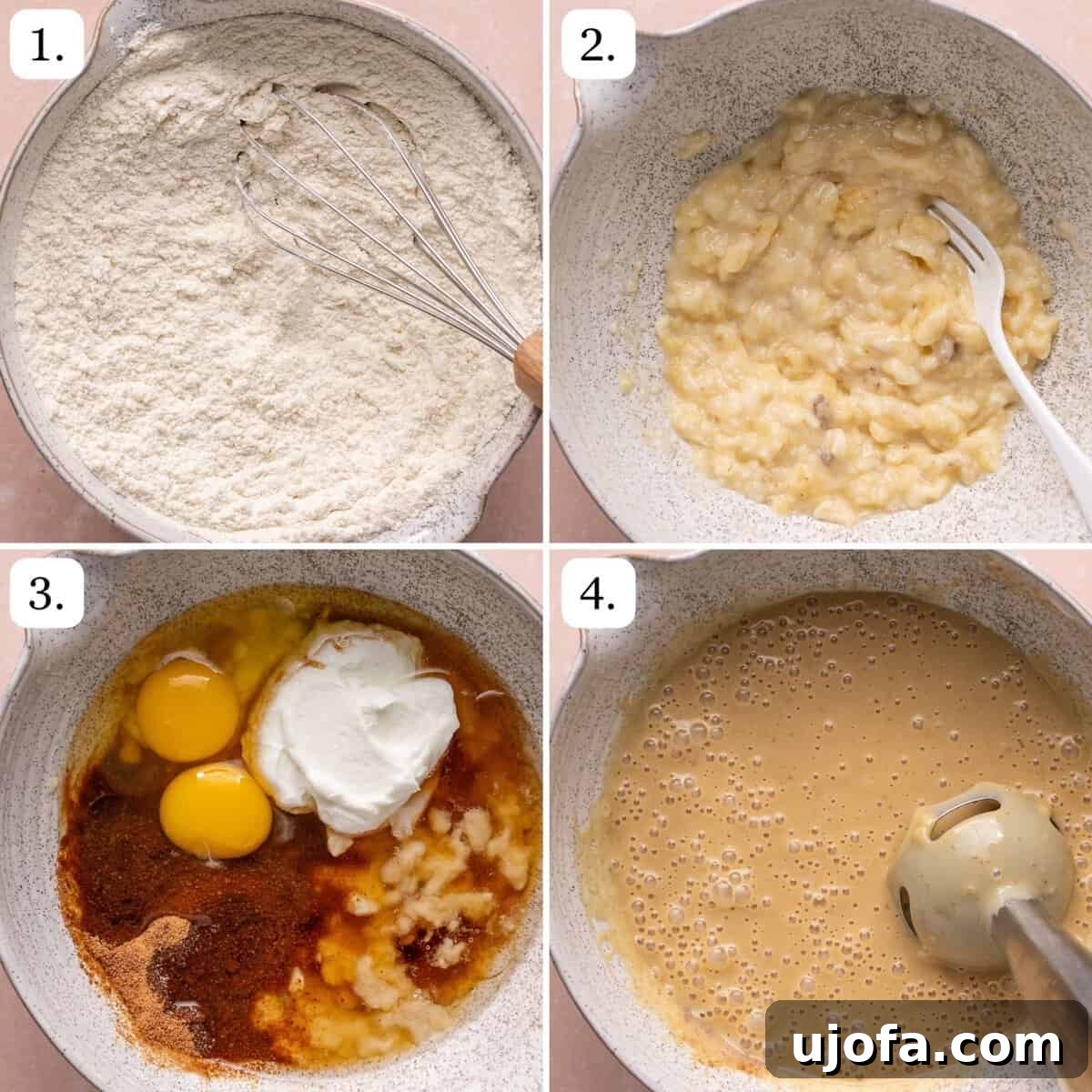 Numbered step-by-step photos illustrating the process of preparing the banana bread batter.