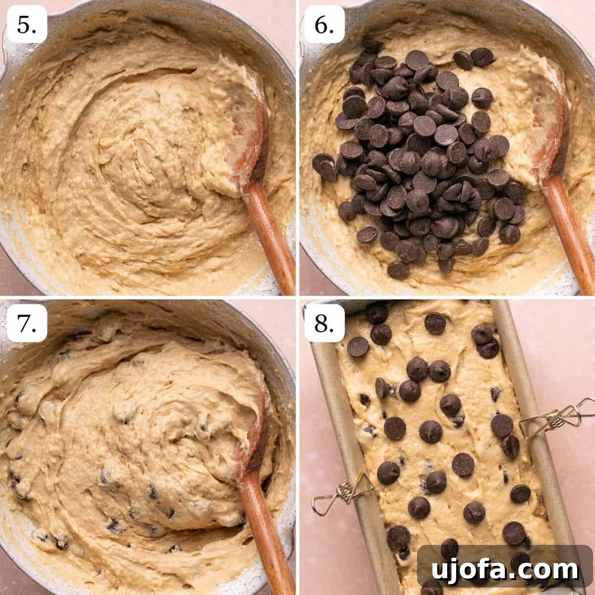 Numbered step-by-step photos demonstrating how to gently fold in chocolate chips and prepare the batter for baking.