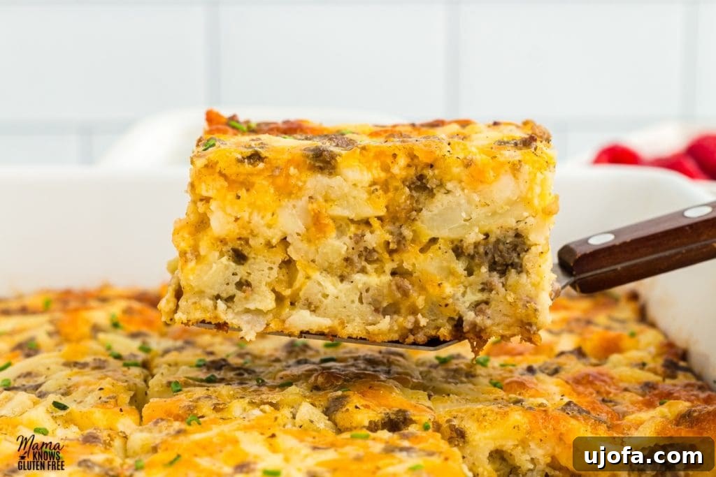 Gluten-free breakfast casserole in a baking dish, freshly baked and golden brown.