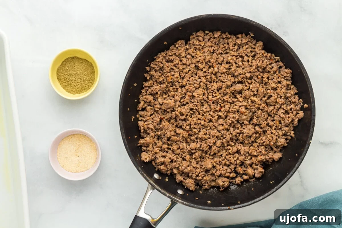cooked ground sausage in a pan.