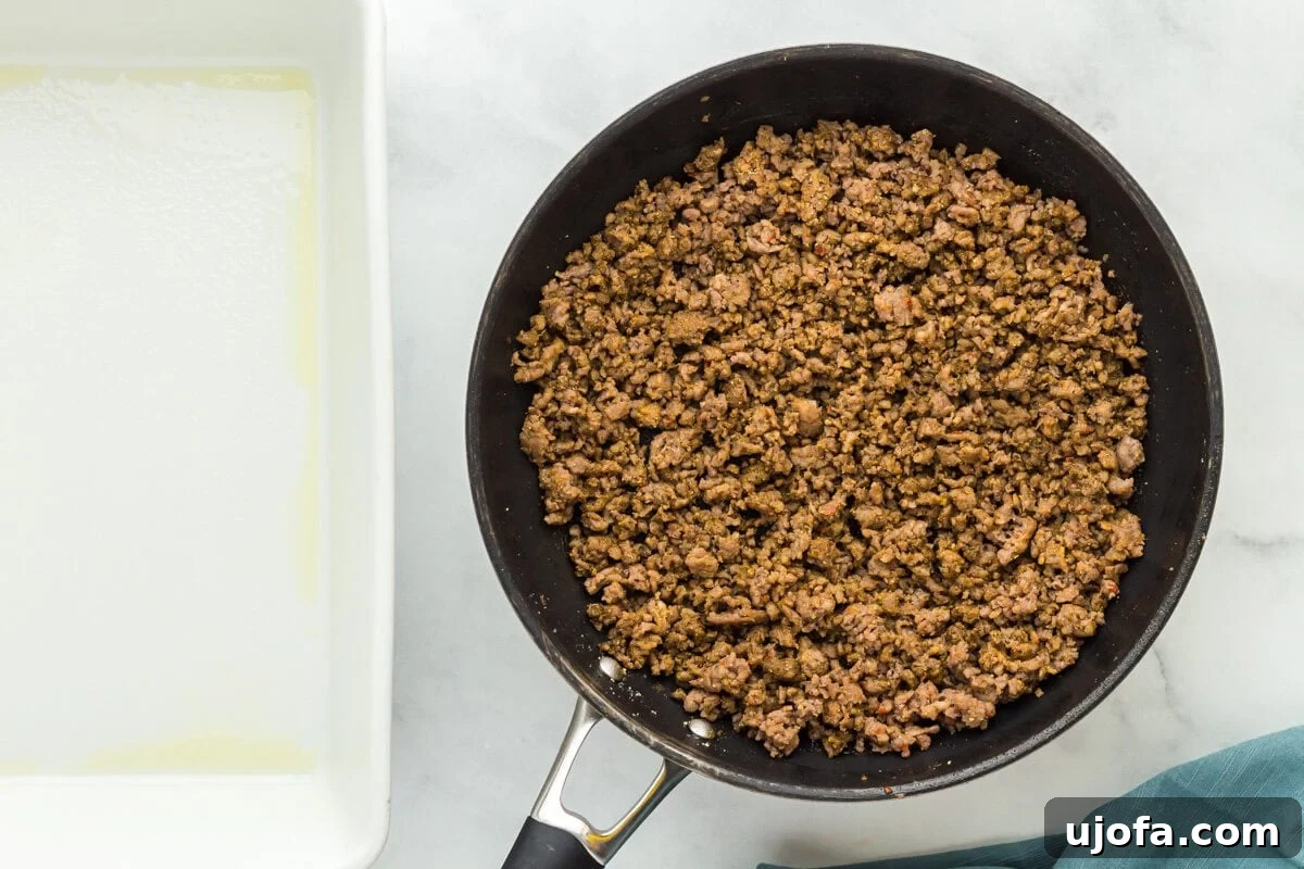 seasoned cooked ground sausage in a skillet.