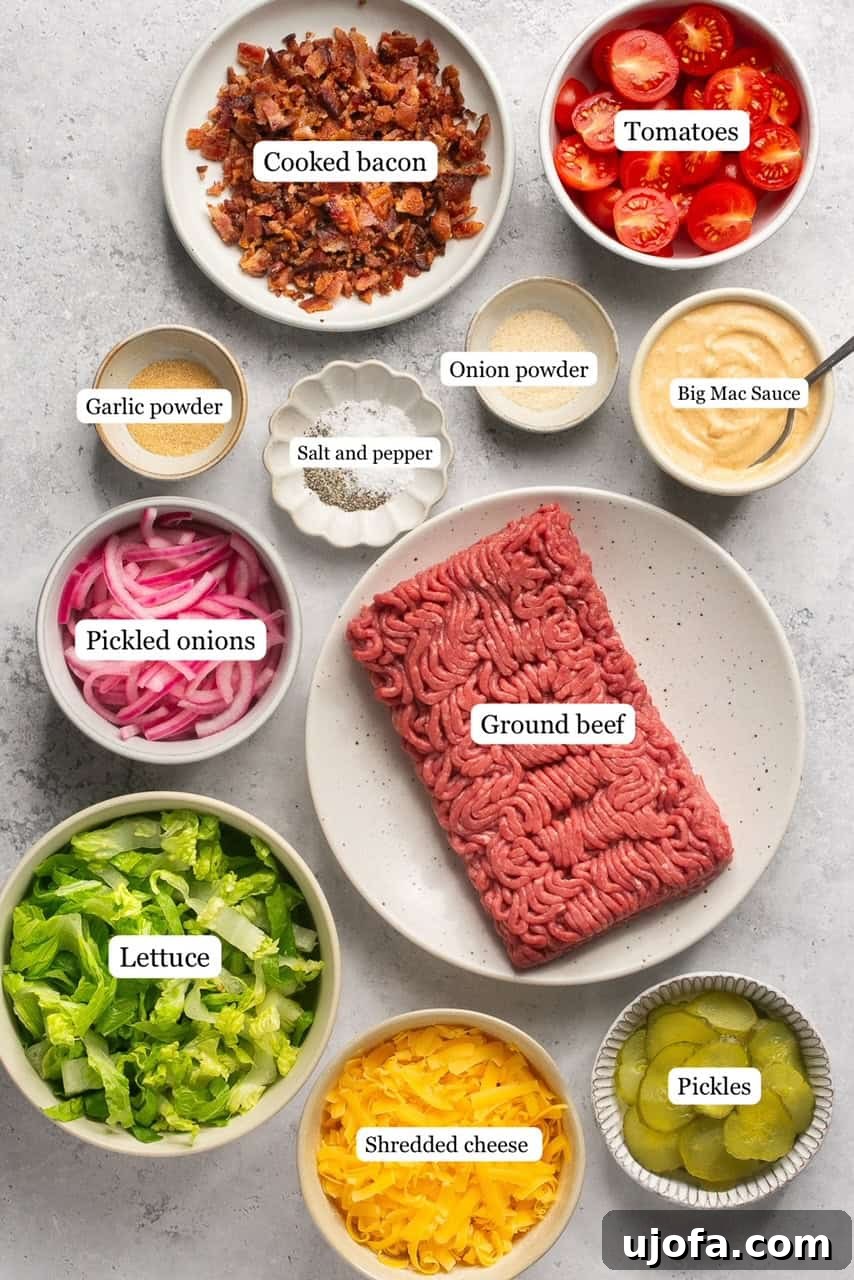 Ingredients for cheeseburger bowls in nesting bowls